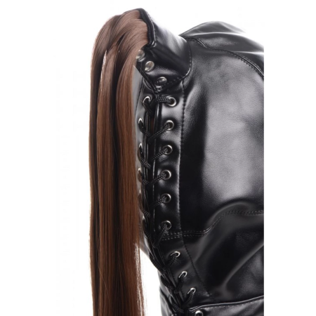 Master Series Bondage Mask Ponytail Hood with Synthetic Hair - Brown