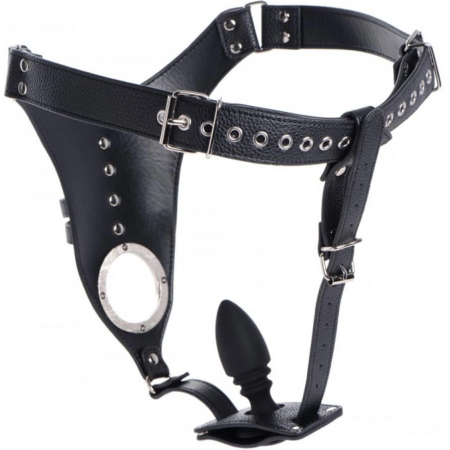 XR Brands Master Series Leather Chastity Harness with Silicone Plug, Adjustable