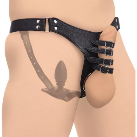 XR Brands Master Series Leather Chastity Harness with Silicone Plug, Adjustable