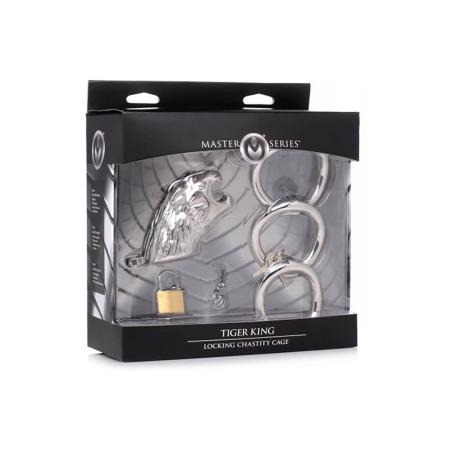 Master Series Tiger King Stainless Lockable Chastity System, Silver