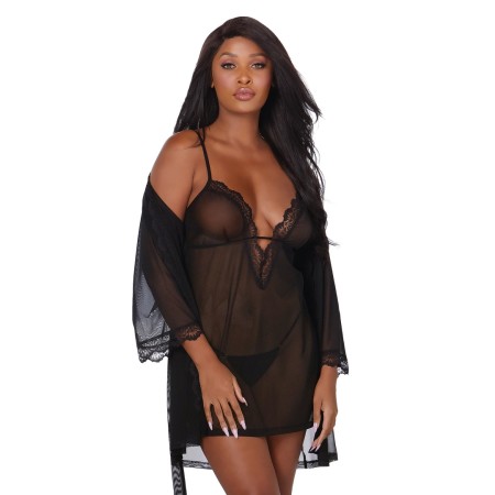 Dreamgirl Stretch Mesh Chemise & Robe Set S - Adjustable Straps, Lace Trim