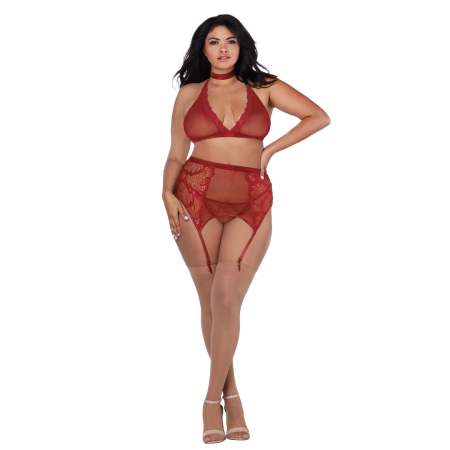 Rene Rofe Plus Size Fishnet & Lace 4-Piece Set with Velvet Accents