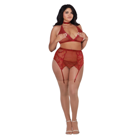 Rene Rofe Plus Size Fishnet & Lace 4-Piece Set with Velvet Accents