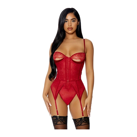 Peek Show Lingerie Set S - Lace Bodysuit & Garter Belt, Black