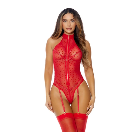 Leg Avenue Eat Your Heart Out Mesh Teddy XL with Heart Pattern & Garter Straps