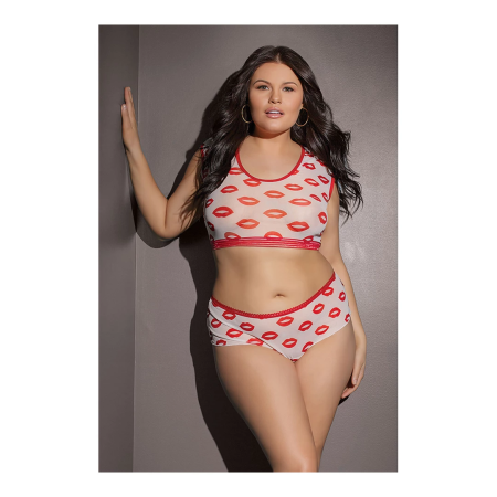Leg Avenue Plus Size Lip Print Crop Top and Shorts Set White
