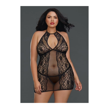 Dreamgirl Plus Size Fishnet & Floral Lace Chemise with High Neck Tie