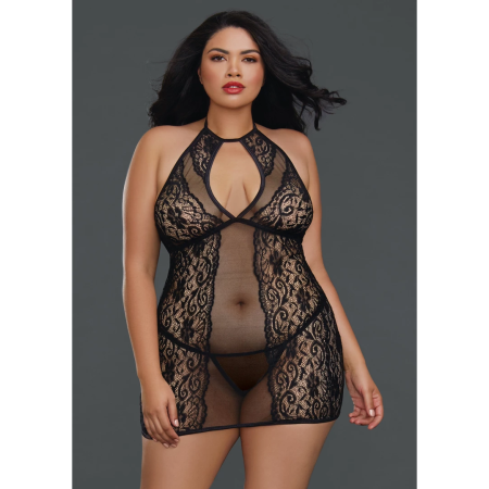 Dreamgirl Plus Size Fishnet & Floral Lace Chemise with High Neck Tie