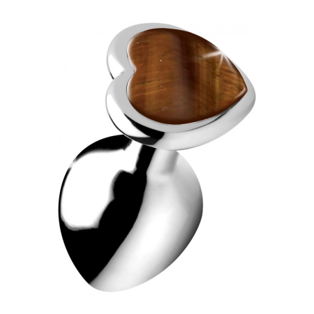 XR Brands Heart-Shaped Tiger Eye Medium Plug - Brown Metal, 3 Inch