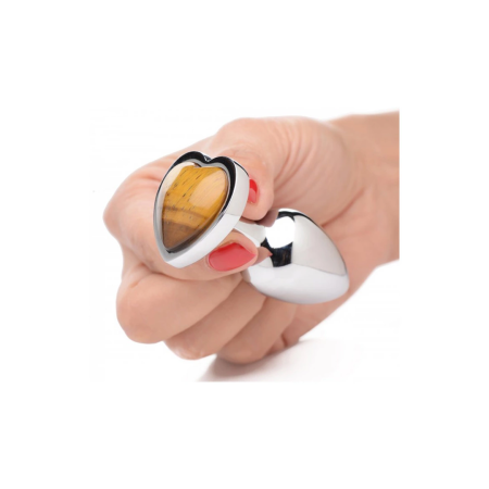 XR Brands Heart-Shaped Tiger Eye Medium Plug - Brown Metal, 3 Inch