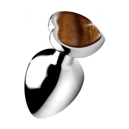 XR Brands Heart Plug Large - Aluminum & Tiger Eye Gem, 3 Inch