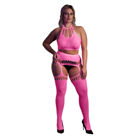 Shots Neon UV Two-Piece Crop Top & Garter Stockings Set, Neon Pink/Green
