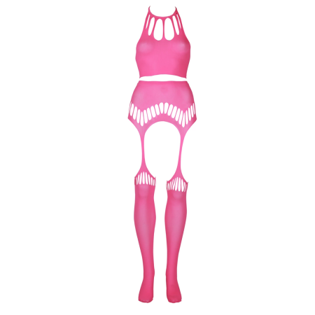 Shots Neon UV Two-Piece Crop Top & Garter Stockings Set, Neon Pink/Green