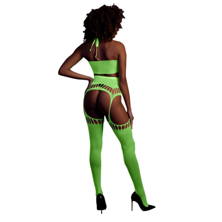 Shots Neon Glow Crop Top & Garter Stockings Set UV Reactive Pink XL/XXXXL