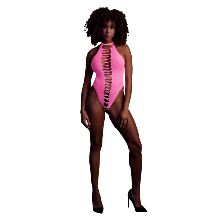 Neon High-Cut Bodysuit by Shots - UV Reactive, Stretchy, Neon Pink/Green