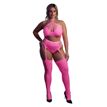 NEON Pink Two-Piece Crop Top & Garter Stockings Set UV Active S-L