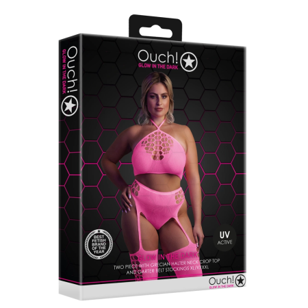 NEON Pink Two-Piece Crop Top & Garter Stockings Set UV Active S-L