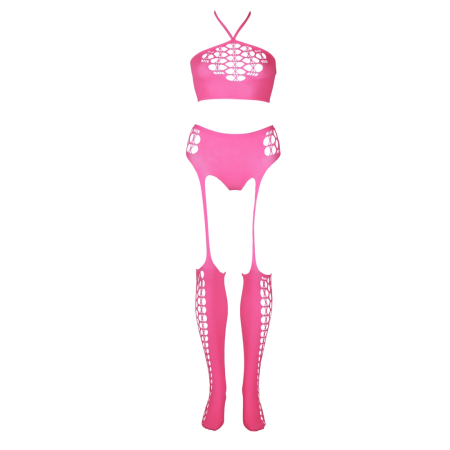 NEON Pink Two-Piece Crop Top & Garter Stockings Set UV Active S-L