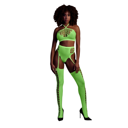 Shots Neon Two-Piece Lingerie Set with Crop Top & Stockings UV Pink