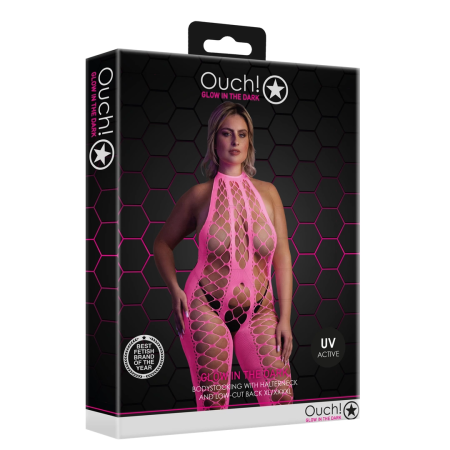 NEON Bodystocking by Shots - Halterneck, UV-Activated, Neon Pink, XS-XL