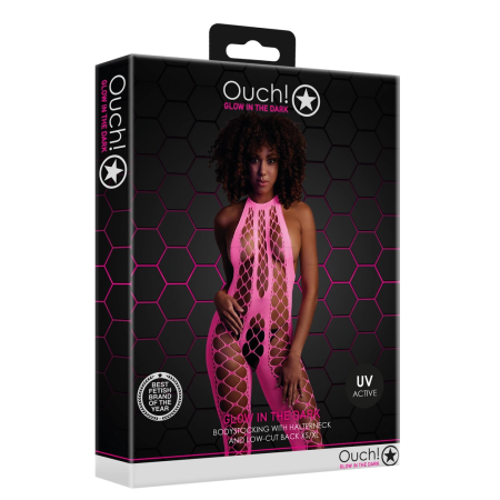 Shots Neon UV Halterneck Bodystocking - Stretch, Neon Pink, S-XL