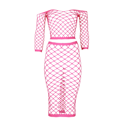 NEON Lingerie Set Off Shoulder Crop Top & Long Skirt UV Reactive Pink