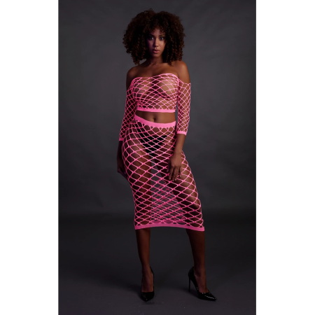 NEON Lingerie Set Off Shoulder Crop Top & Long Skirt UV Reactive Pink