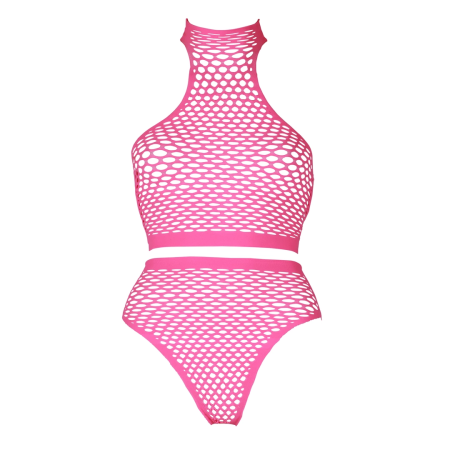 Shots Neon Glow Set Turtle Neck Crop Top & High Waist Panty UV Pink XL