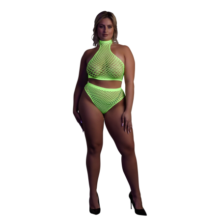 Shots Neon UV Set - Turtle Neck Crop Top & High Waist Panty, Neon Green