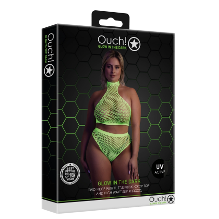 Shots Neon UV Set - Turtle Neck Crop Top & High Waist Panty, Neon Green