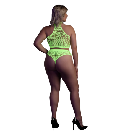 Shots Neon UV Set - Turtle Neck Crop Top & High Waist Panty, Neon Green