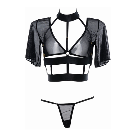 Dreamgirl Dreamer Corset Set with Sheer Mesh Thong Black One Size