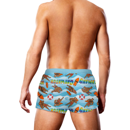 Prowler Swim Trunks Gaywatch Bears L - Blue Lifeguard Print, Elastic Waist