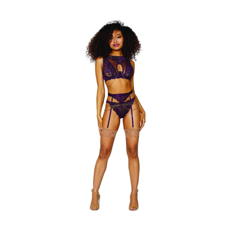 Dreamgirl Aubergine Lace & Mesh 3-Piece Lingerie Set, Size L
