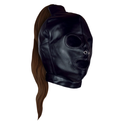 Ouch! Mask Black with Long Brown Ponytail - Adjustable Hood Design