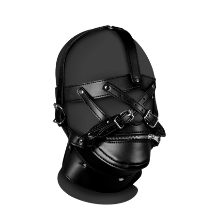 Ouch! Adjustable Leather Head Harness with Zippered Mouth - Black