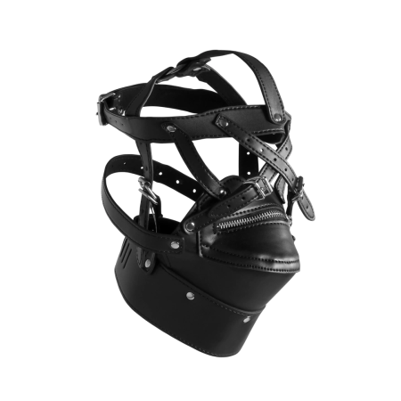 Ouch! Adjustable Leather Head Harness with Zippered Mouth - Black