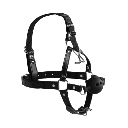 Shots Ouch! Adjustable Leather Head Harness with Breathable Ball Gag, Black