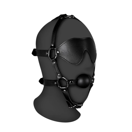 Ouch! Adjustable Black Head Harness with Integrated Blindfold & Ball Gag