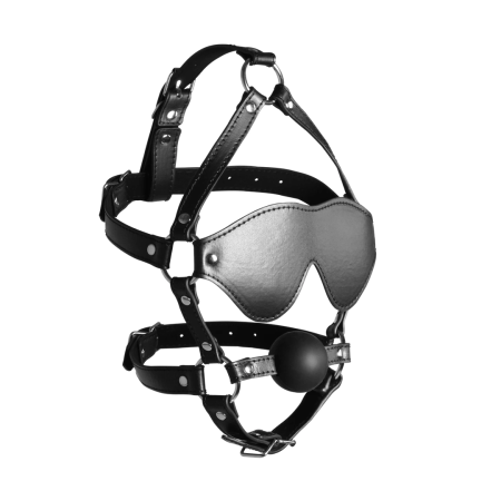 Ouch! Adjustable Black Head Harness with Integrated Blindfold & Ball Gag