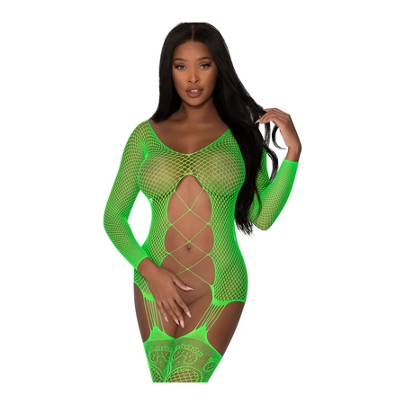 Magic Silk Seamless Fishnet Bodystocking with Gartered Thigh Highs Lime One Size