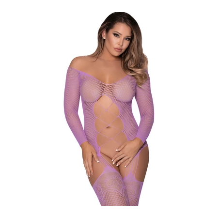 Magic Silk Seamless Lavender Fishnet Catsuit with Thigh Highs, One Size