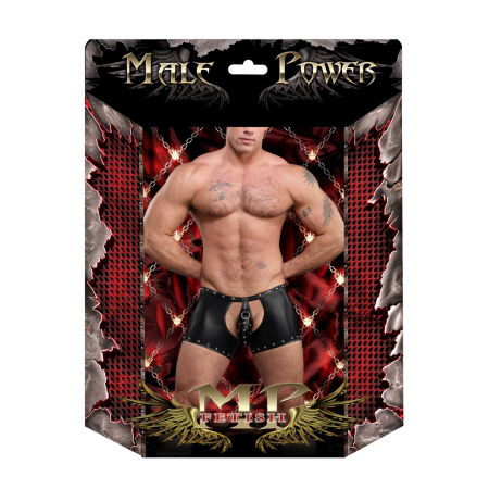Male Power Poseidon L/XL Black Open Crotch & Back Shorts with Thong
