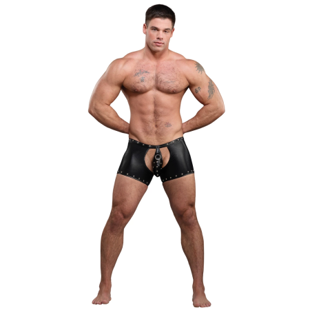 Male Power Poseidon L/XL Black Open Crotch & Back Shorts with Thong