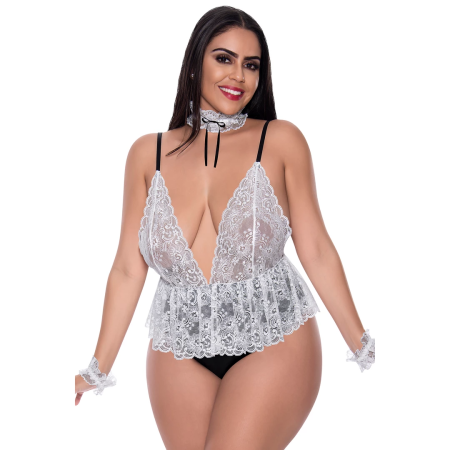 Magic Silk Full Service Teddy White - Lace Bodysuit with Accessories