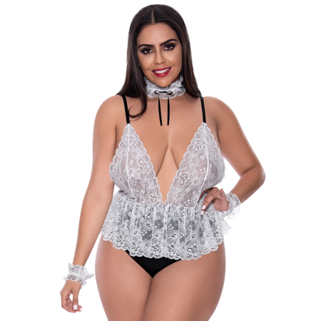 Magic Silk Full Service Teddy White - Lace Bodysuit with Accessories