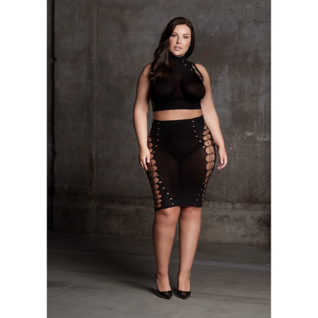 Kala XXXVII Plus Size Two-Piece Set - Turtleneck Crop Top & Skirt, Black