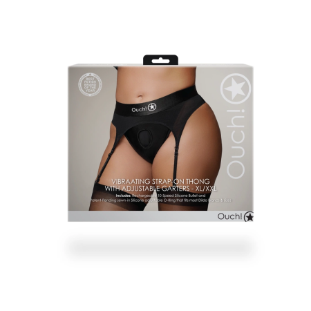 Shots Vibrating Adjustable Strap-On Thong XL/XXL with Garters Black