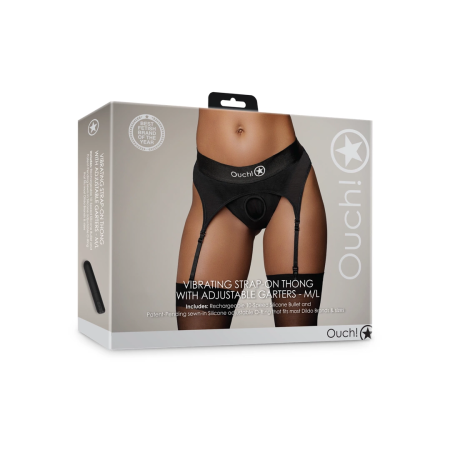 Shots Vibrating Strap-On Thong with Adjustable Garters M/L Black