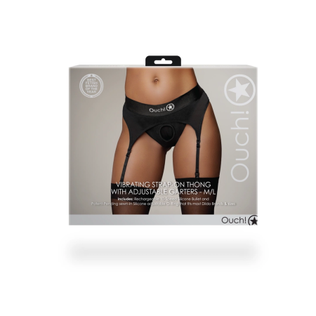 Shots Vibrating Strap-On Thong with Adjustable Garters M/L Black